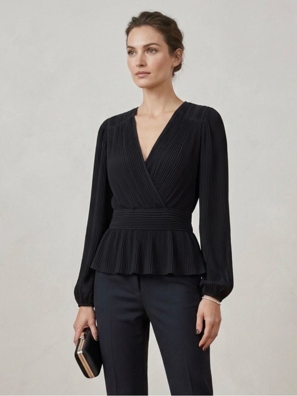The Kooples Paris Black Pleated Peplum Top, Size 2